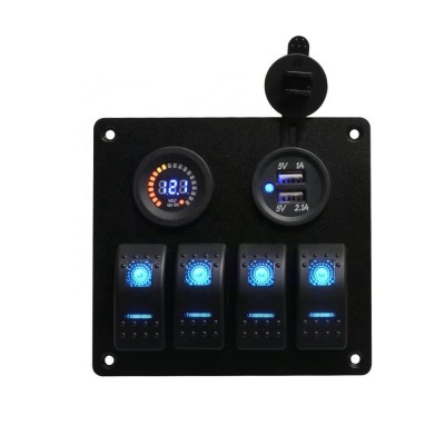 Car Boat Marine 4 Gang LED Rocker Switch Panel with USB charger